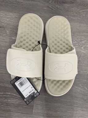 Under Armour Cream Slide Sandals with Embossed Logo